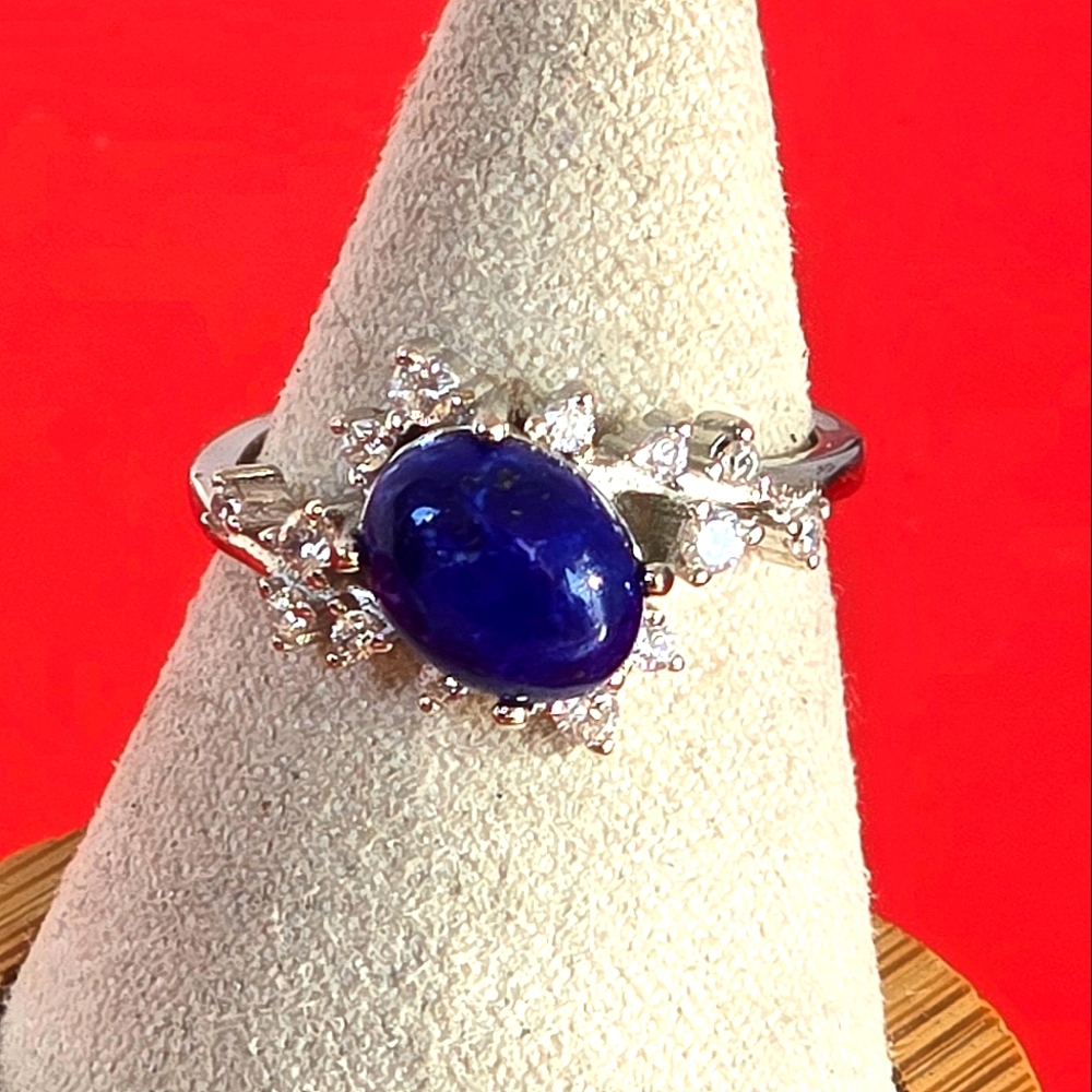 925 Sterling Silver Ring with Natural Lapis Lazuli & CZ